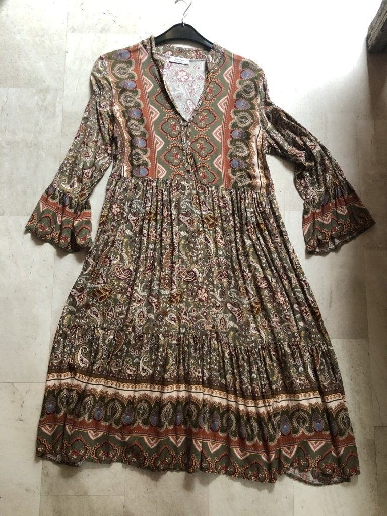 V) DD24 NOSTALGIA prachtige jurk natuurlijke kleuren maat L, Maat 42/44 (L), Zo goed als nieuw, Onder de knie, Meerkleurig