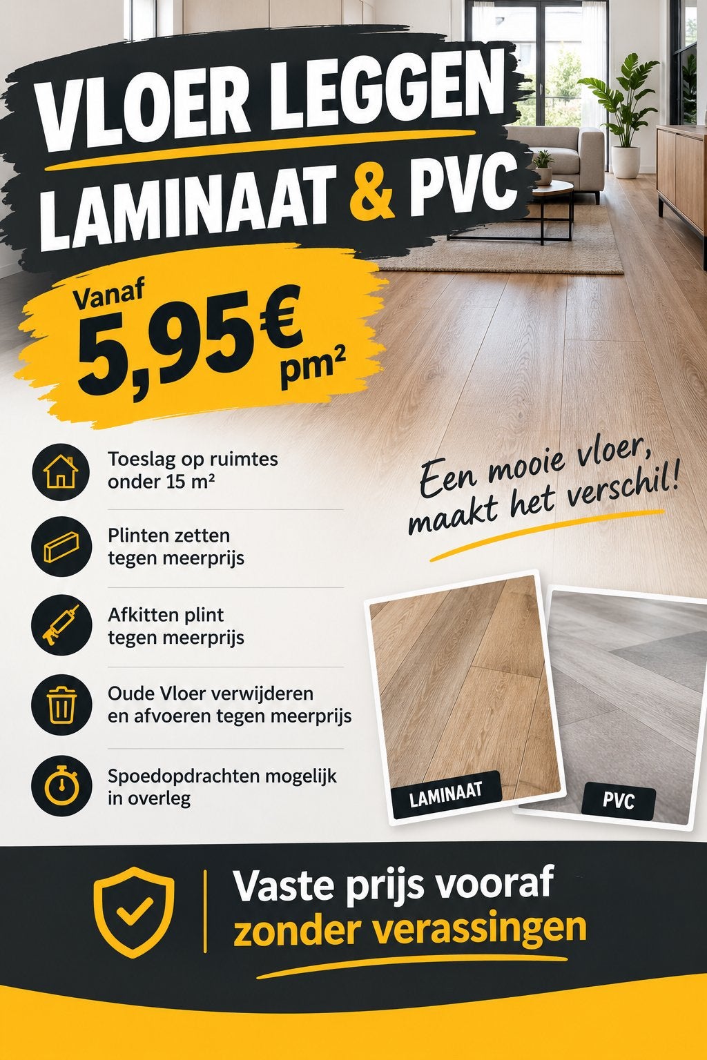 Laminaat leggen vanaf 5,95 pm2, Ophalen, Zo goed als nieuw, 75 m² of meer, Laminaat