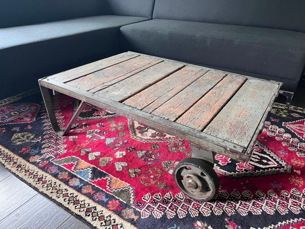 Industriële salontafel/ transportkar, Huis en Inrichting, Tafels | Salontafels, Ophalen, Gebruikt, 100 tot 150 cm, 50 tot 100 cm