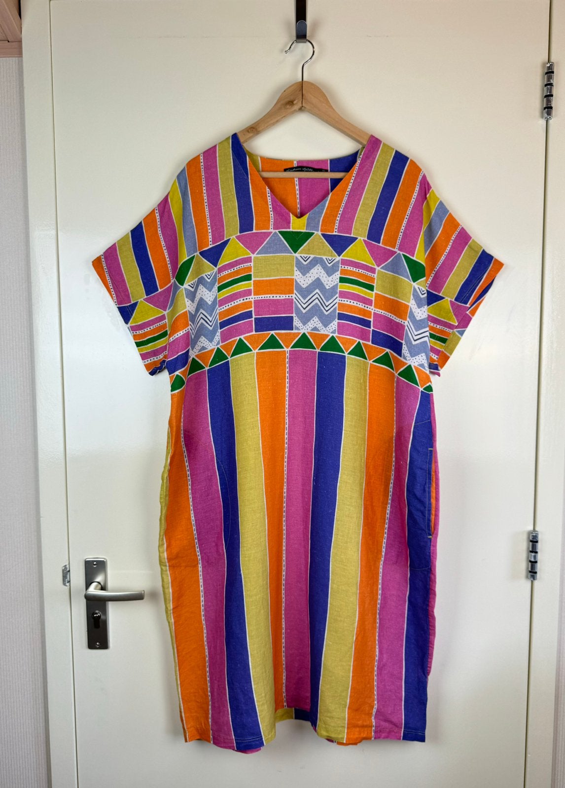GUDRUN SJODEN Linen Colorful Multicolor Dress Ikat Boho Folk, Meerkleurig, Maat 42/44 (L), Ophalen of Verzenden, Zo goed als nieuw
