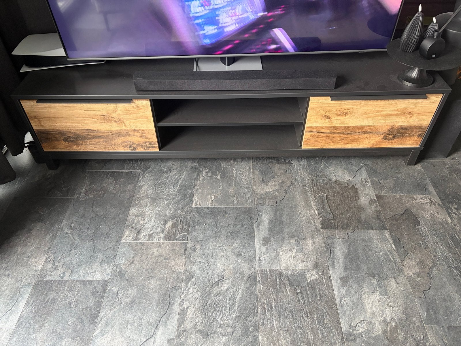 TV meubel met houtlook deuren, Ophalen, Gebruikt, 150 tot 200 cm, Minder dan 100 cm