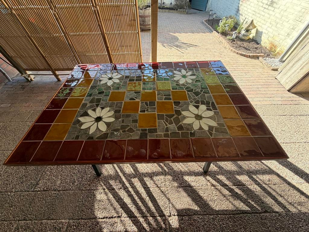 Mozaiek unieke zelfgemaakte (tuin)tafel, Tuin en Terras, Tuintafels, Ophalen, Zo goed als nieuw, Rechthoekig, Hout