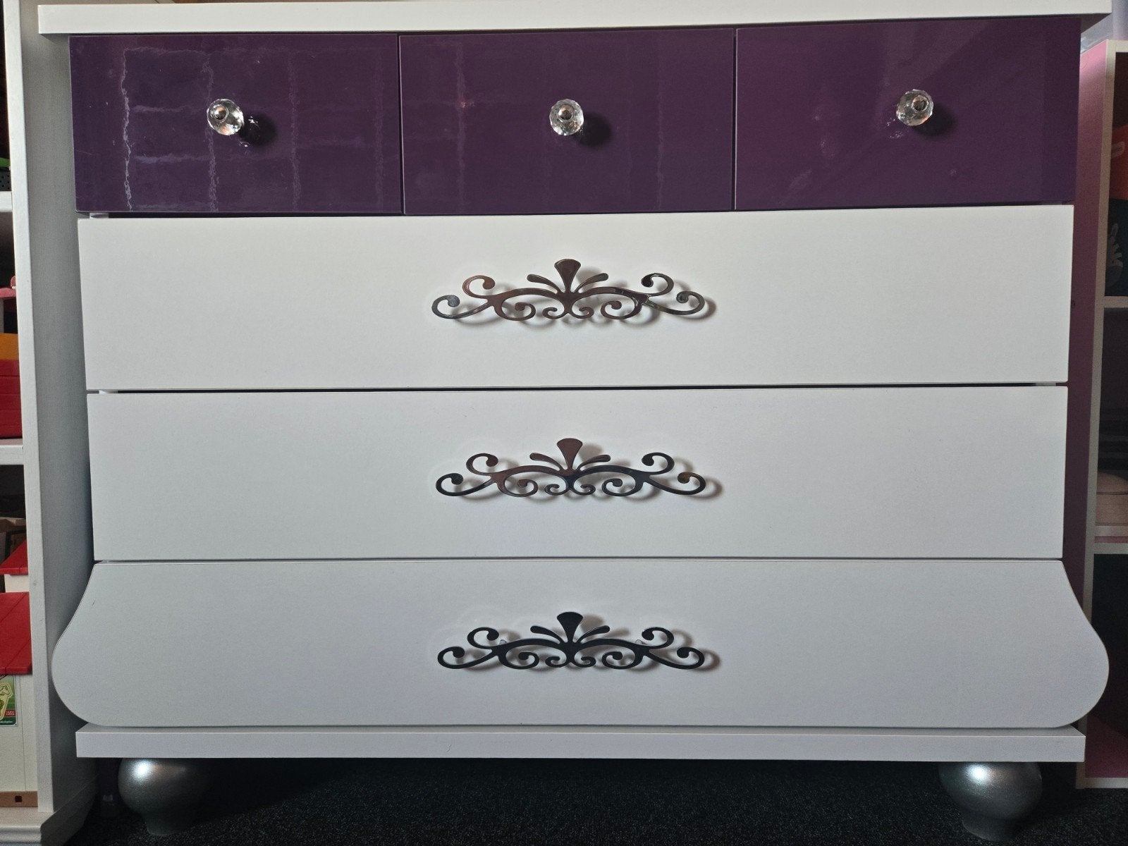 Ladekast met 3 paarse en 3 witte laden - 98x44x80 cm, Ophalen, Overige materialen, Gebruikt, 5 laden of meer