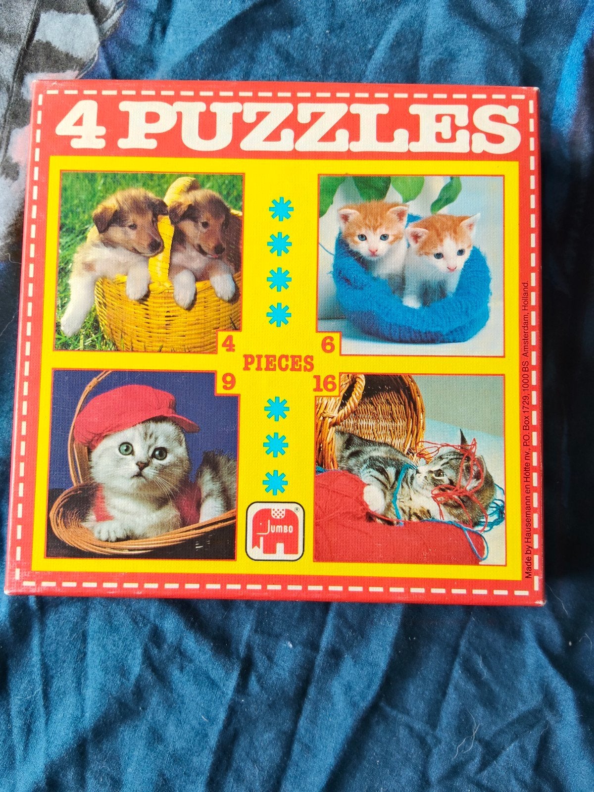 Vintage Jumbo 4 Puzzels met schattige kittens en puppy's, Ophalen of Verzenden, 10 tot 50 stukjes, Gebruikt, 2 tot 4 jaar