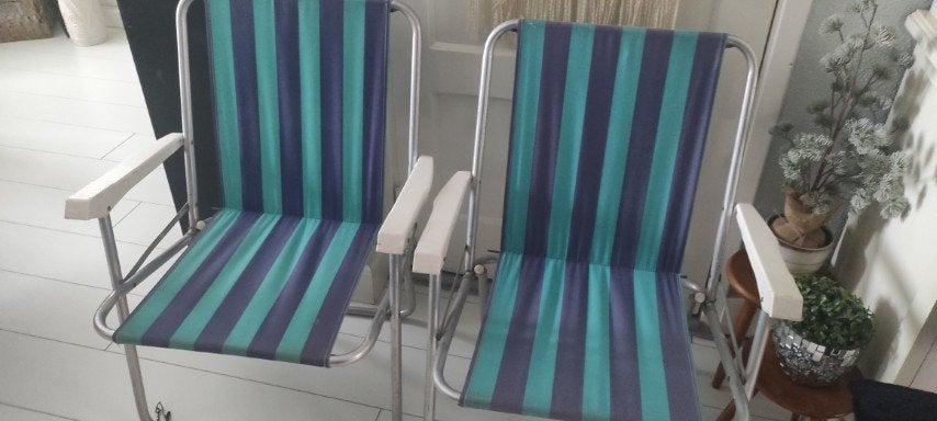 Vintage klapstoelen gestreept  groen blauw 2x Lafuma, Caravans en Kamperen, Ophalen of Verzenden, Gebruikt, Campingstoel