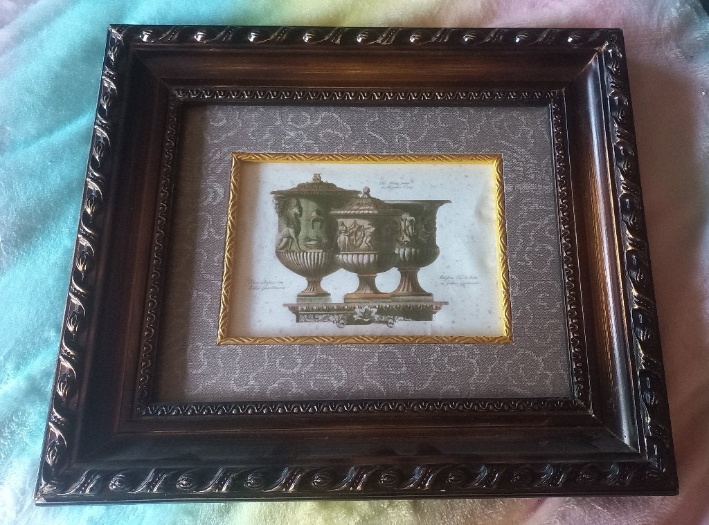 Schilderij Romeinse vazen in mooie bewerkte houten lijst, Minder dan 50 cm, Gebruikt, Ophalen of Verzenden, Schilderij