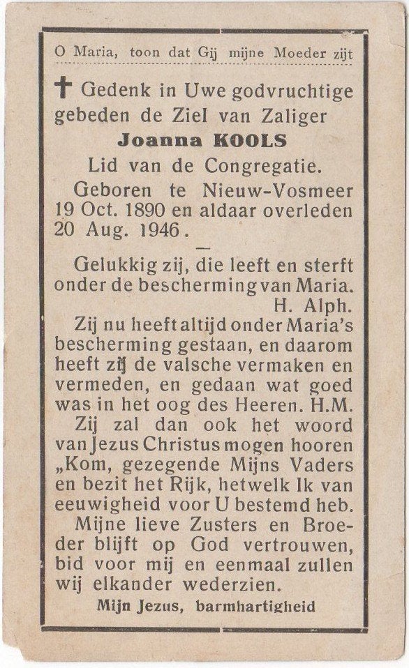 Joanna Kools 1890 - 1946 Nieuw-Vossemeer, 55 jaar oud, Ophalen of Verzenden