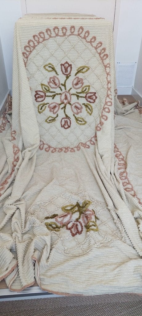 Vintage Gabel chenille bed deken kleed sprei • XL 265x275, Ophalen of Verzenden