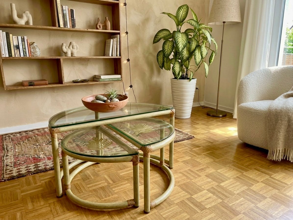 Flechtatelier Schütz boho chic bamboe nesttafels salontafel, Ophalen of Verzenden, Zo goed als nieuw, Rechthoekig, 50 tot 100 cm