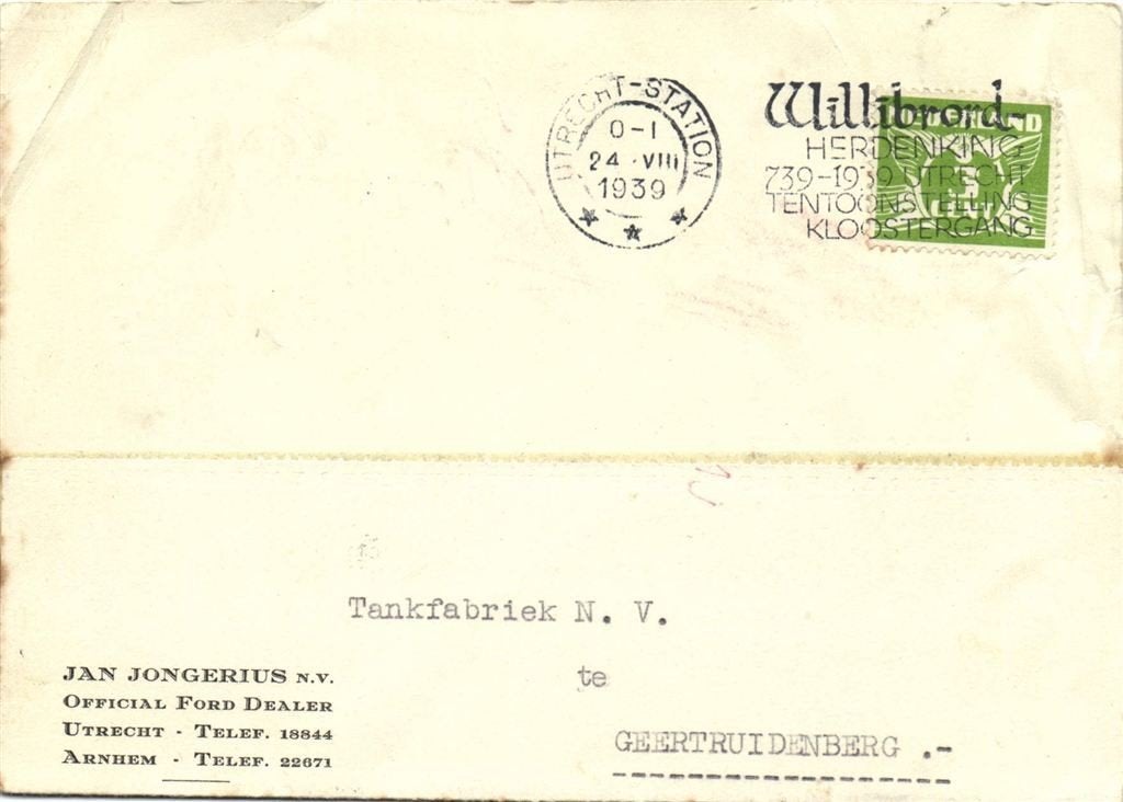 Jan Jongerius NV, Utrecht Arnhem - 08.1939 - briefkaart, Ophalen of Verzenden, Briefkaart