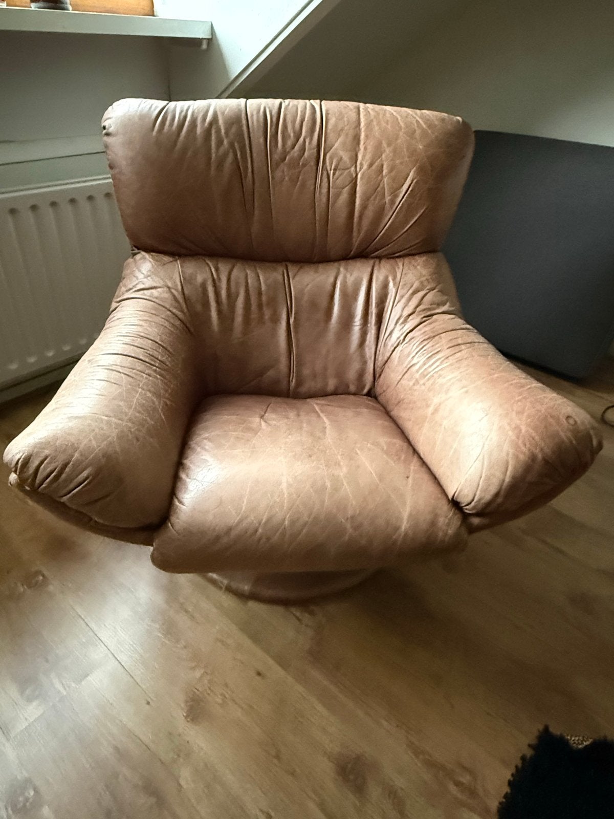 Vintage Leren Fauteuil - Comfortabele Draaistoel, Ophalen, Gebruikt, Leer, 75 tot 100 cm