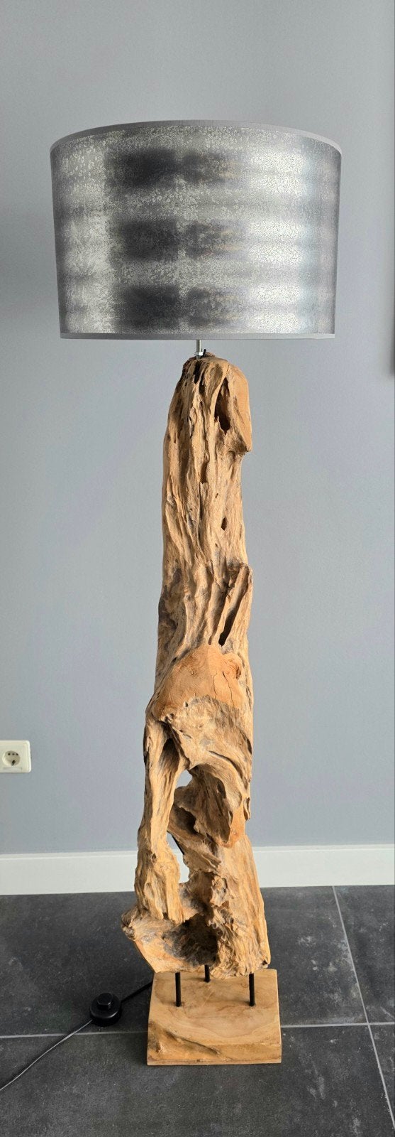 Landelijke driftwood vloerlamp hout + metaallook lampenkap, Ophalen, Zo goed als nieuw, Hout, 150 tot 200 cm