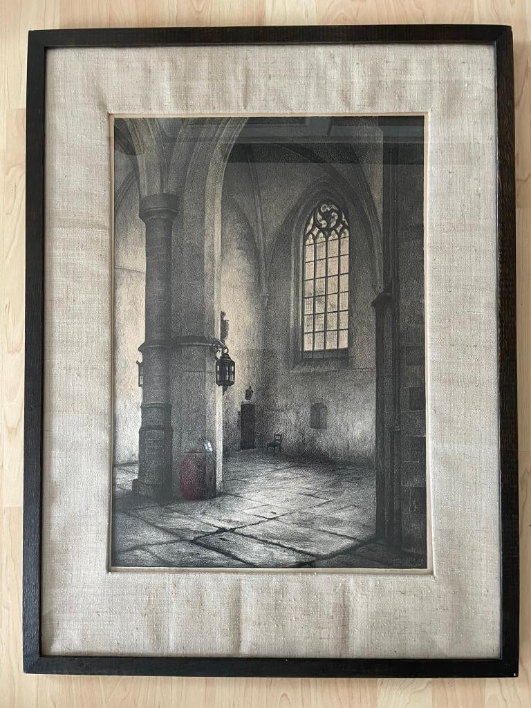 Litho van interieur St. Bavo, door Jan Visser, Antiek en Kunst, Ophalen