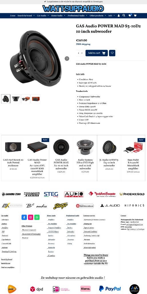 GAS Audio POWER MAD S3-10D2 10 inch subwoofer 500W RMS, Info@optimount.nl, Nieuw, Ophalen of Verzenden, Anholtseweg 48A 7091 HB DINXPERLO