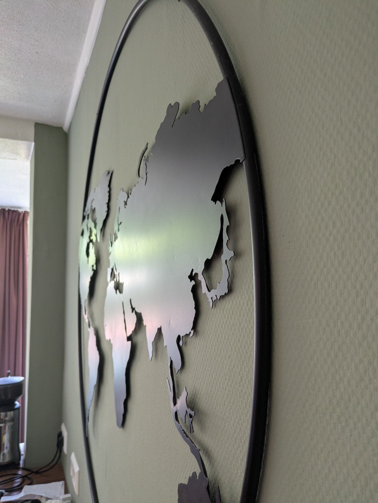 Metalen Wereldkaart Wanddecoratie - Zwart, Ophalen, Wandsculptuur, 110 cm, Zwart