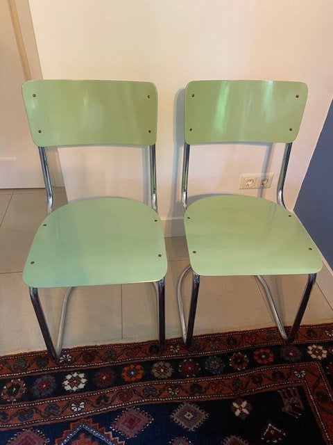 Jaren 50 vintage orginele buizenframe stoelen, Huis en Inrichting, Ophalen, Gebruikt, Twee, Hout