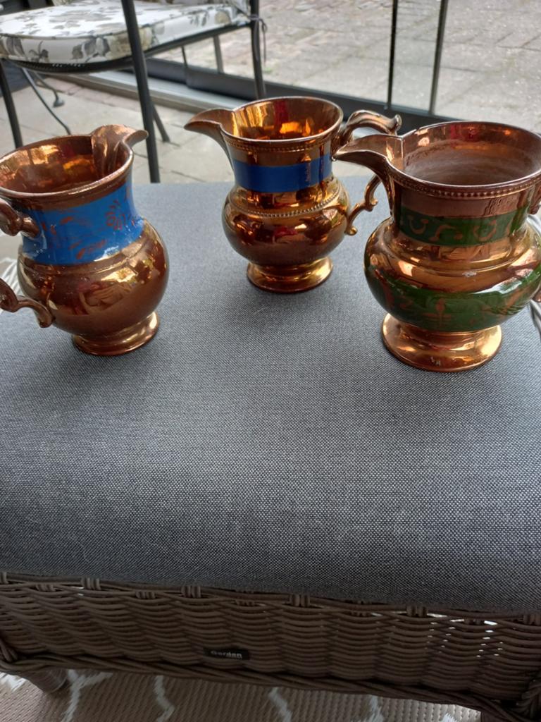 3 goudsteen kannen antiek vintage blauw en groen, Ophalen of Verzenden