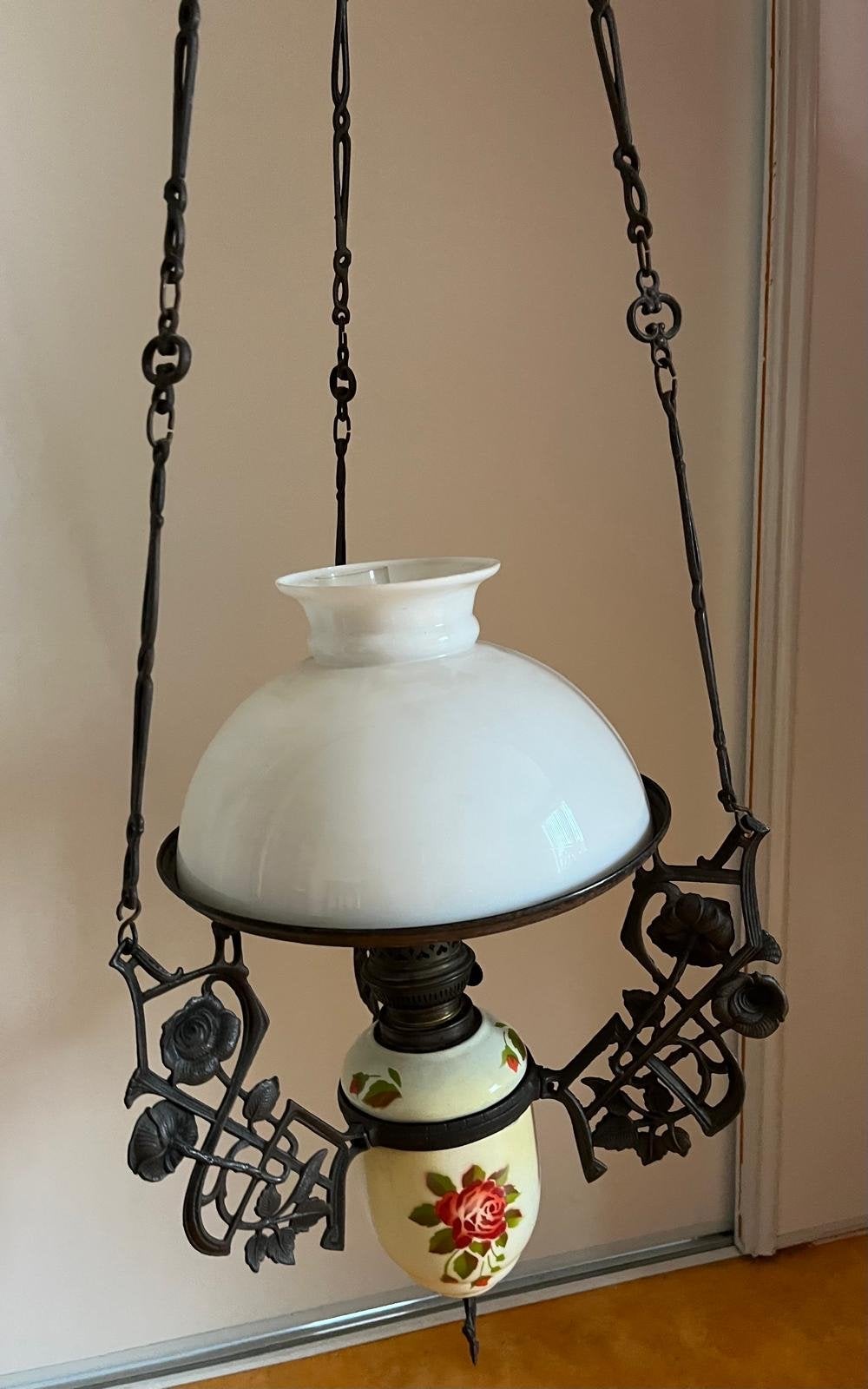 Antieke hang olielamp met rozen decoratie - 29,5 cm diameter, Antiek en Kunst, Ophalen