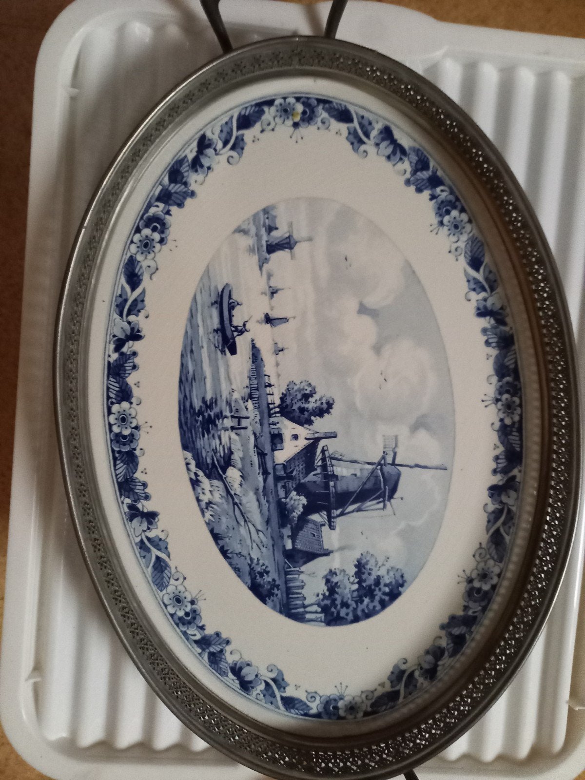 Vintage Delfts Blauw dienblad met zilverkleurige rand, Ophalen of Verzenden