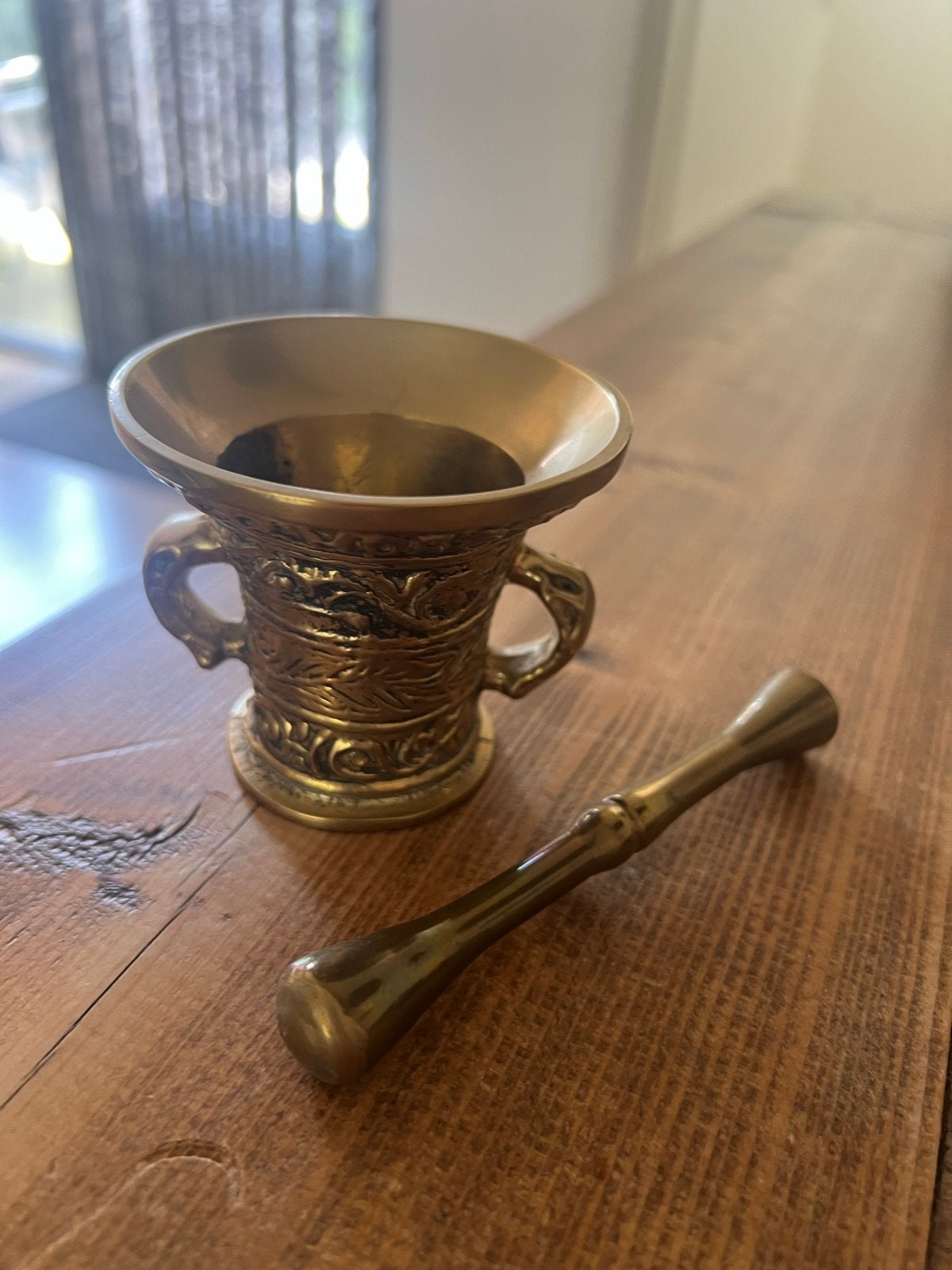 Antieke vijzel met stamper - messing/brons, Antiek en Kunst, Antiek | Koper en Brons, Ophalen, Brons