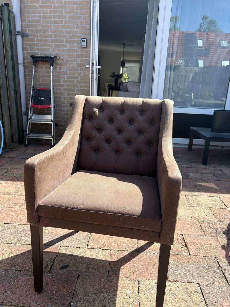 6 Bruine Eetkamerstoelen met Zwarte Poten - Landelijke Stijl, Gebruikt, Bruin, Ophalen of Verzenden, Stof