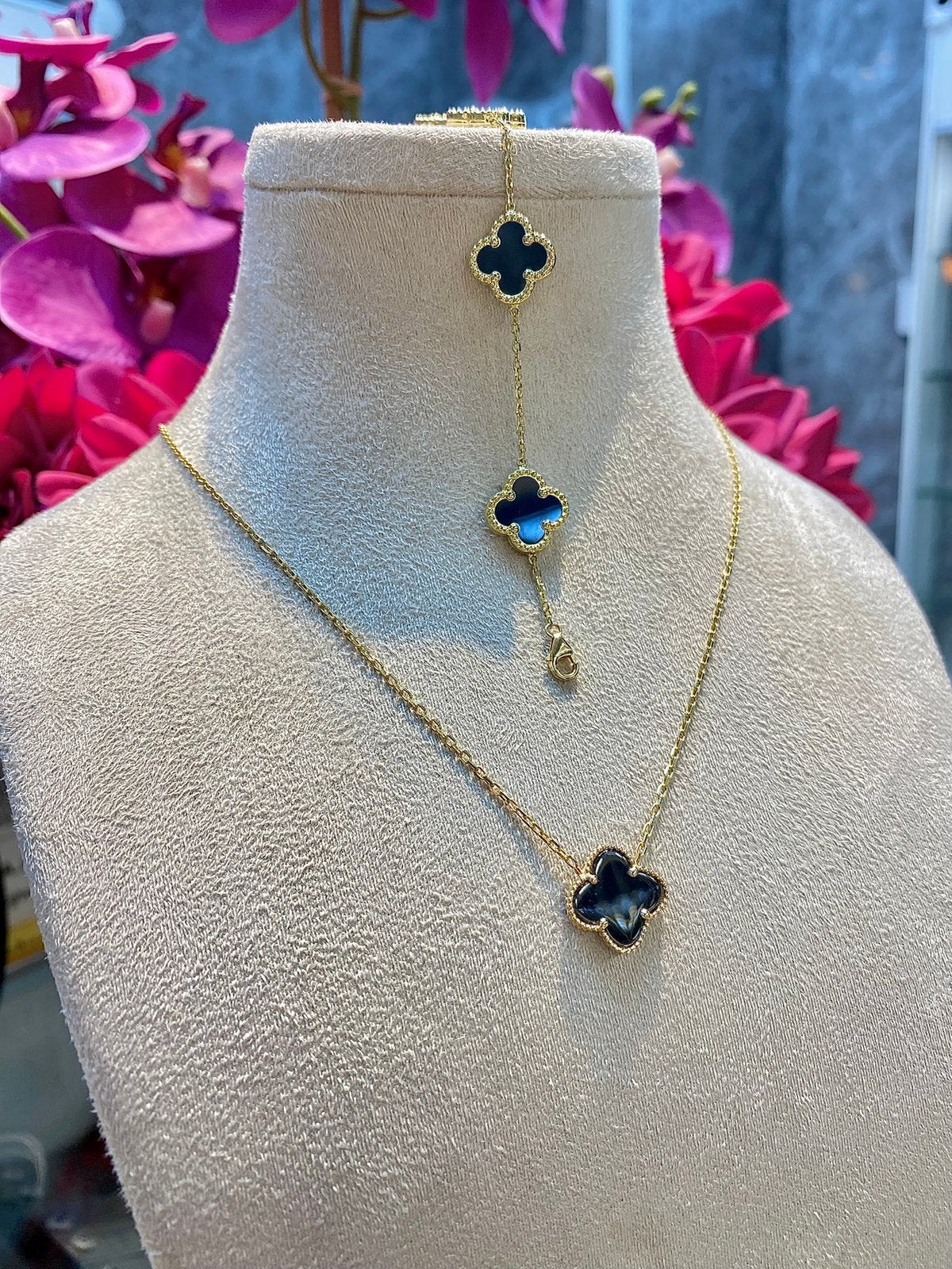 14k Gouden Zwarte Klaver Set, Sieraden, Tassen en Uiterlijk, Ophalen of Verzenden, Nieuw, Goud, Goud