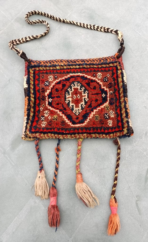 Antiek AFSHAR Perzisch tapijt kelim kamelentas bag label (2), Ophalen of Verzenden