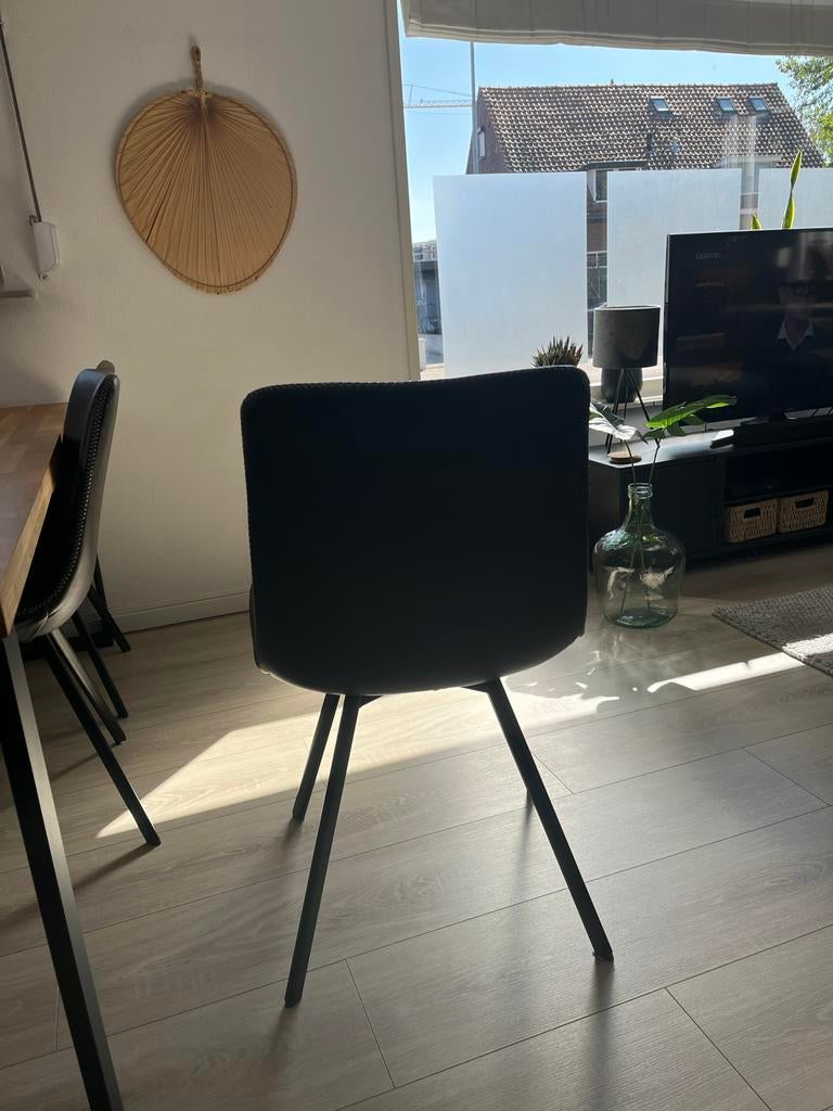 eettafe, eikenblad en 6 stoelen - antraciet sky leer en hout, Gebruikt, Overige kleuren, Verzenden, Vijf, Zes of meer stoelen