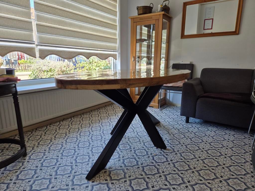 Houten ovale eettafel, Ophalen, 200 cm of meer, 50 tot 100 cm, Zo goed als nieuw