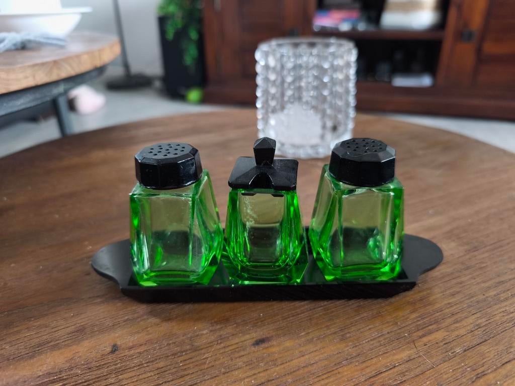 Uraniumglas peper- en zoutstel met mosterdpotje art deco, Ophalen of Verzenden