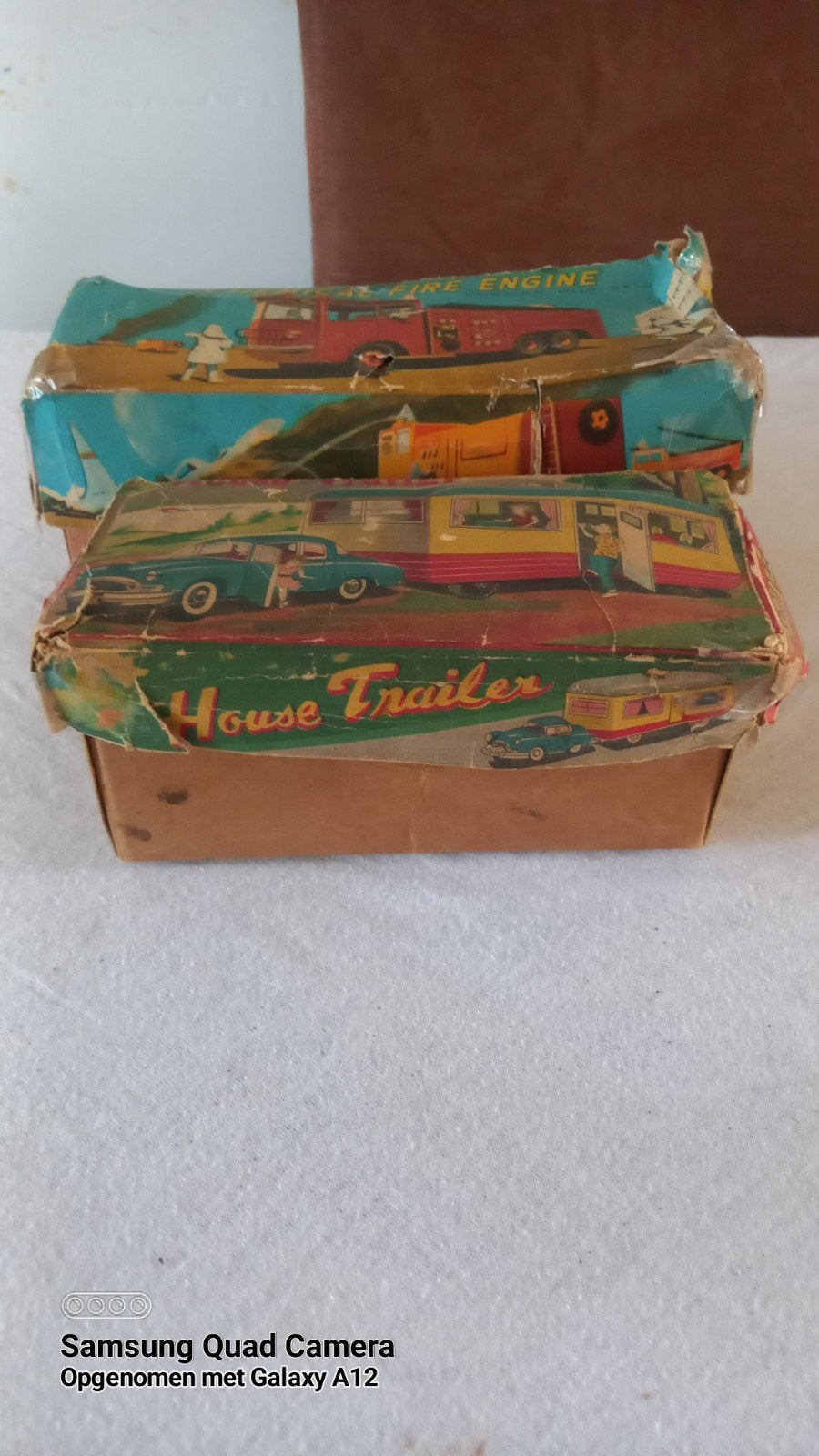 Vintage blikken speelgoed: brandweerwagen en caravan, Ophalen of Verzenden, Gebruikt