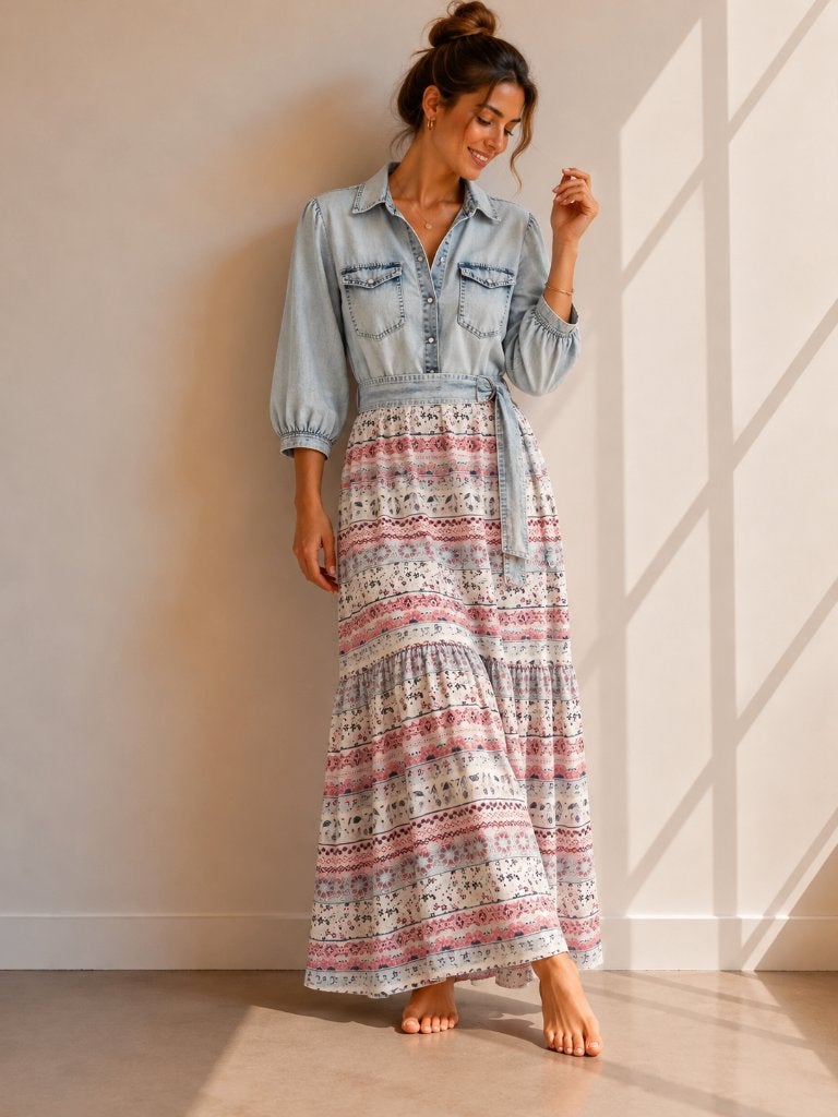 K Design XXL lange maxi jurk denim boho paisley bloemenprint, Blauw, Maat 46/48 (XL) of groter, Ophalen of Verzenden, Zo goed als nieuw