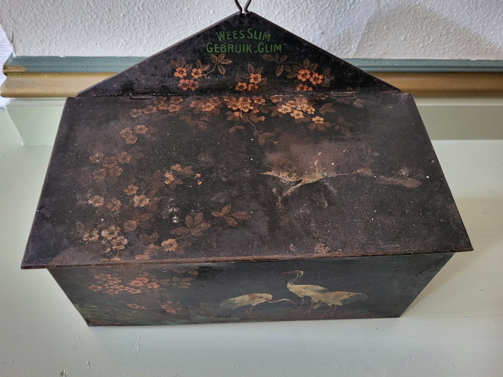 Antiek Glim schoenpoets blik met Chinese kraanvogels, Ophalen of Verzenden