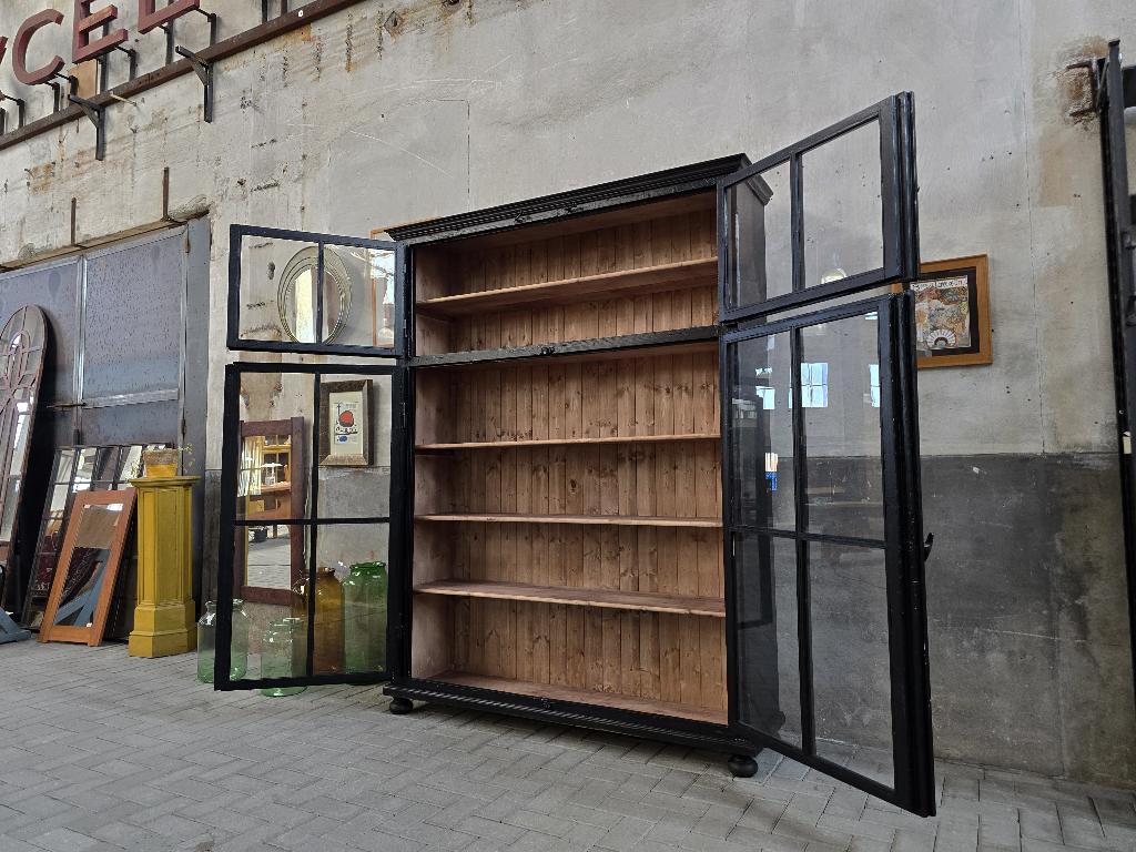 XL Vintage Houten Vitrinekast Zwart | Grote Vitrine Kast 5, Antiek Retro Vintage Brocante Landelijk, 200 cm of meer, 150 tot 200 cm