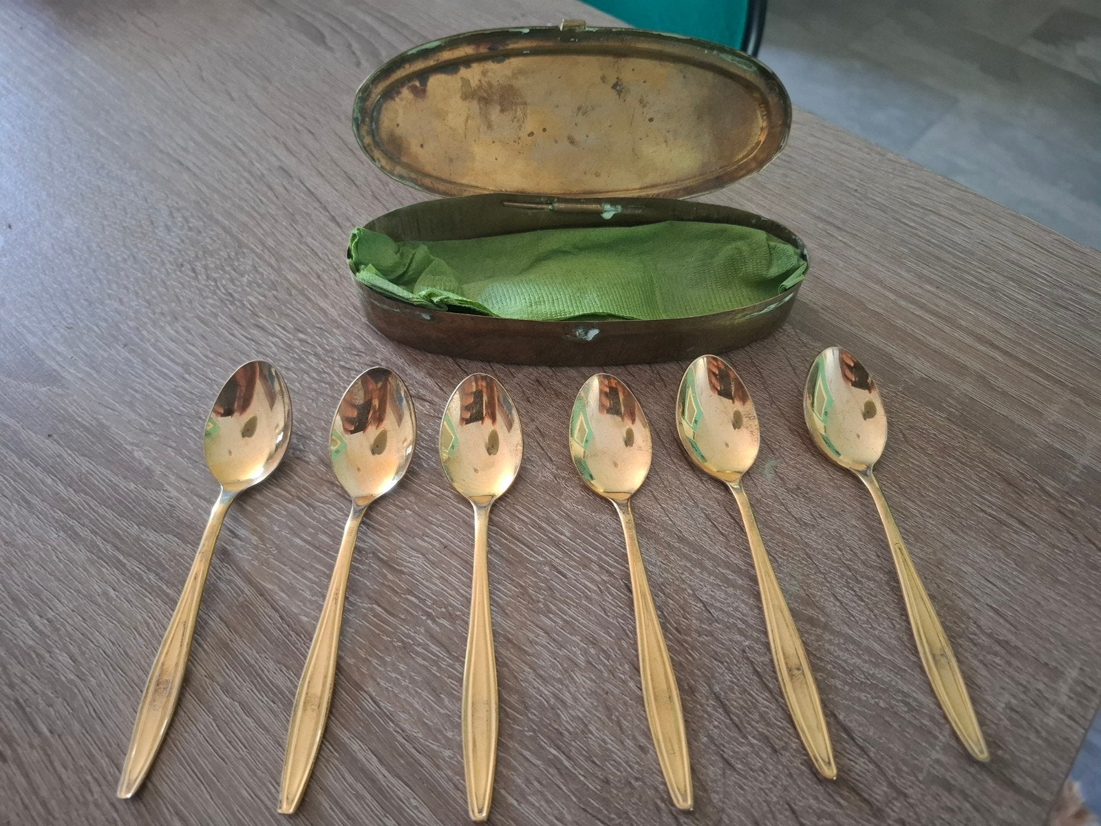 Set van 6 vintage gouden lepeltjes in doosje, Ophalen