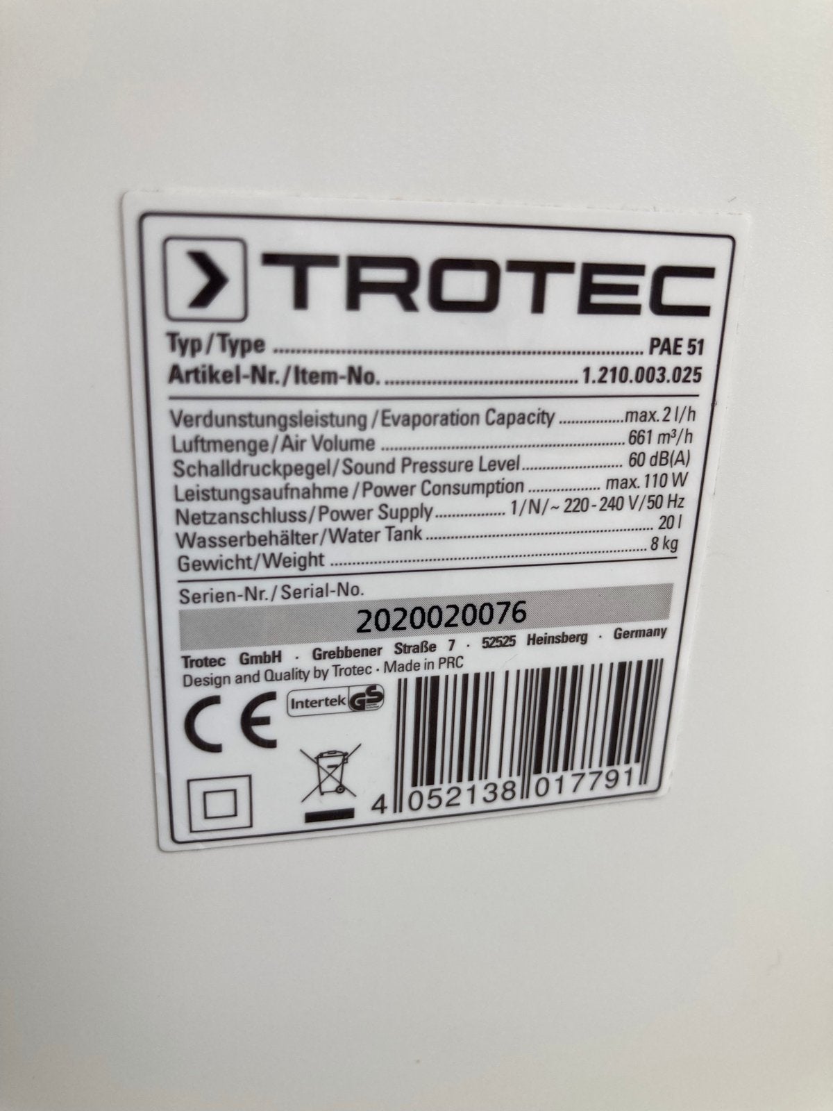 Trotec Luchtkoeler met 20L watertank en afstandsbediening, Witgoed en Apparatuur, Airco's, Ophalen, Minder dan 60 m³, Ventileren