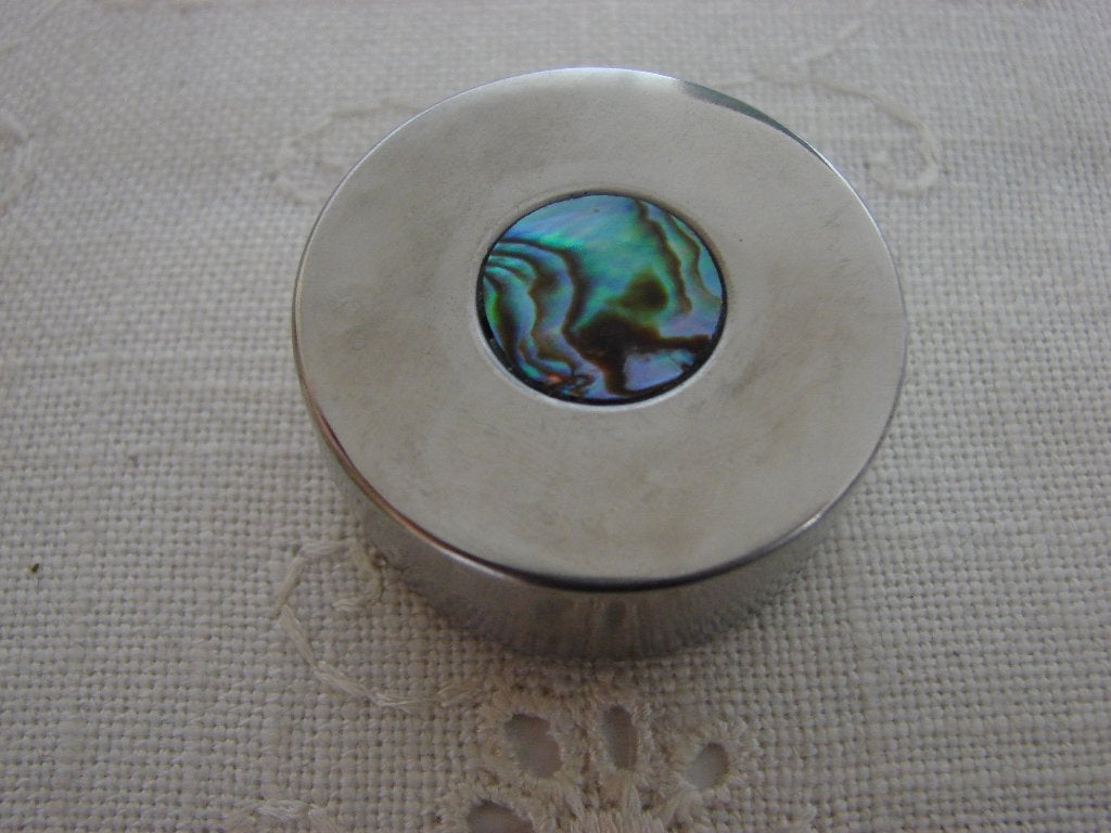 Vintage pillendoosje metaal met abalone (paua)., Ophalen of Verzenden
