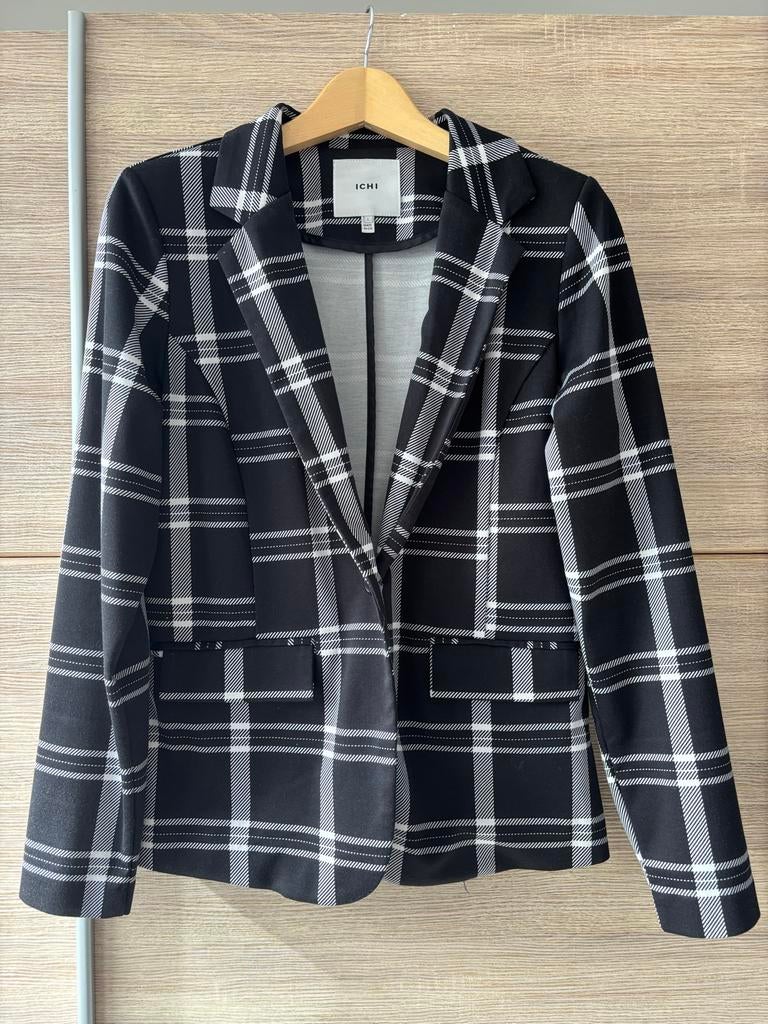 Stijlvolle ICHI blazer met ruitpatroon - Maat L, Kleding | Dames, Jasjes, Kostuums en Pakken, Zwart, Maat 42/44 (L), Ophalen of Verzenden