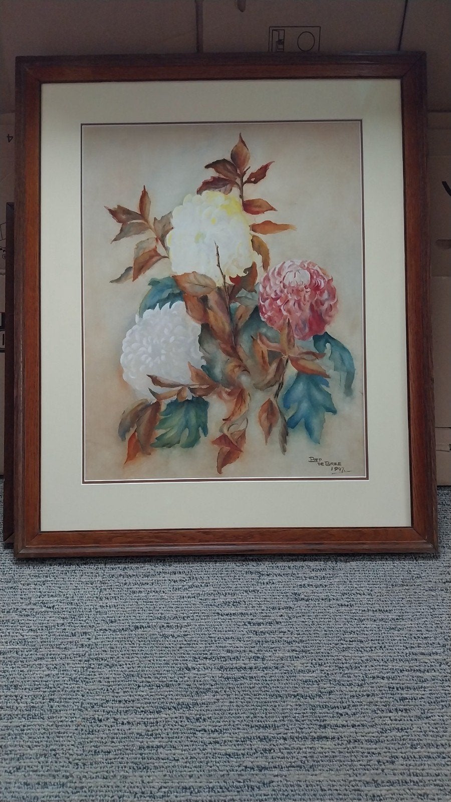 Mooi groot ingelijst aquarel schilderij met chrysanten, Achter glas, Papier, Ophalen, Bloemen