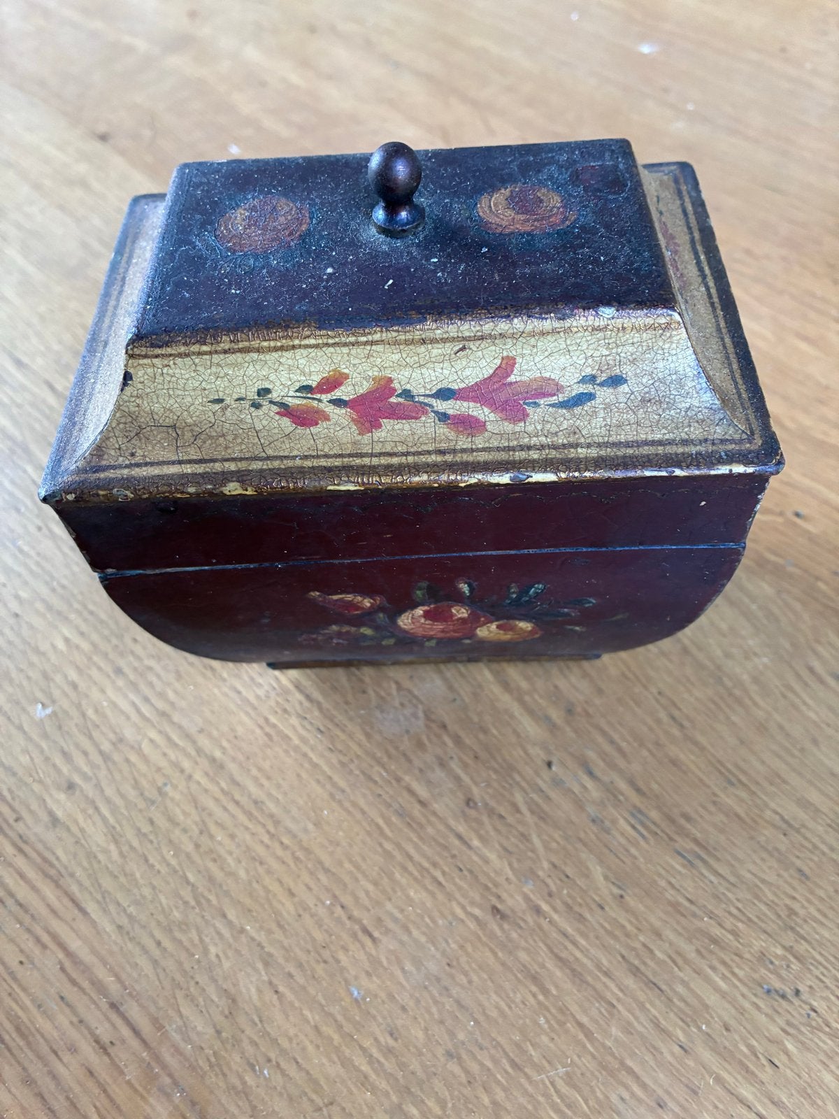 Antieke handgeschilderde theedoos met tinnen binnenkant, Antiek en Kunst, Ophalen of Verzenden