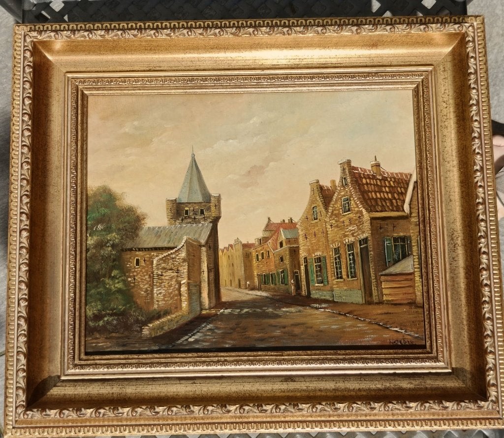 Klassiek stadsgezicht met trapgevels op paneel - Ingelijst, Antiek en Kunst, Kunst | Schilderijen | Klassiek, Paneel, Nederlandse school
