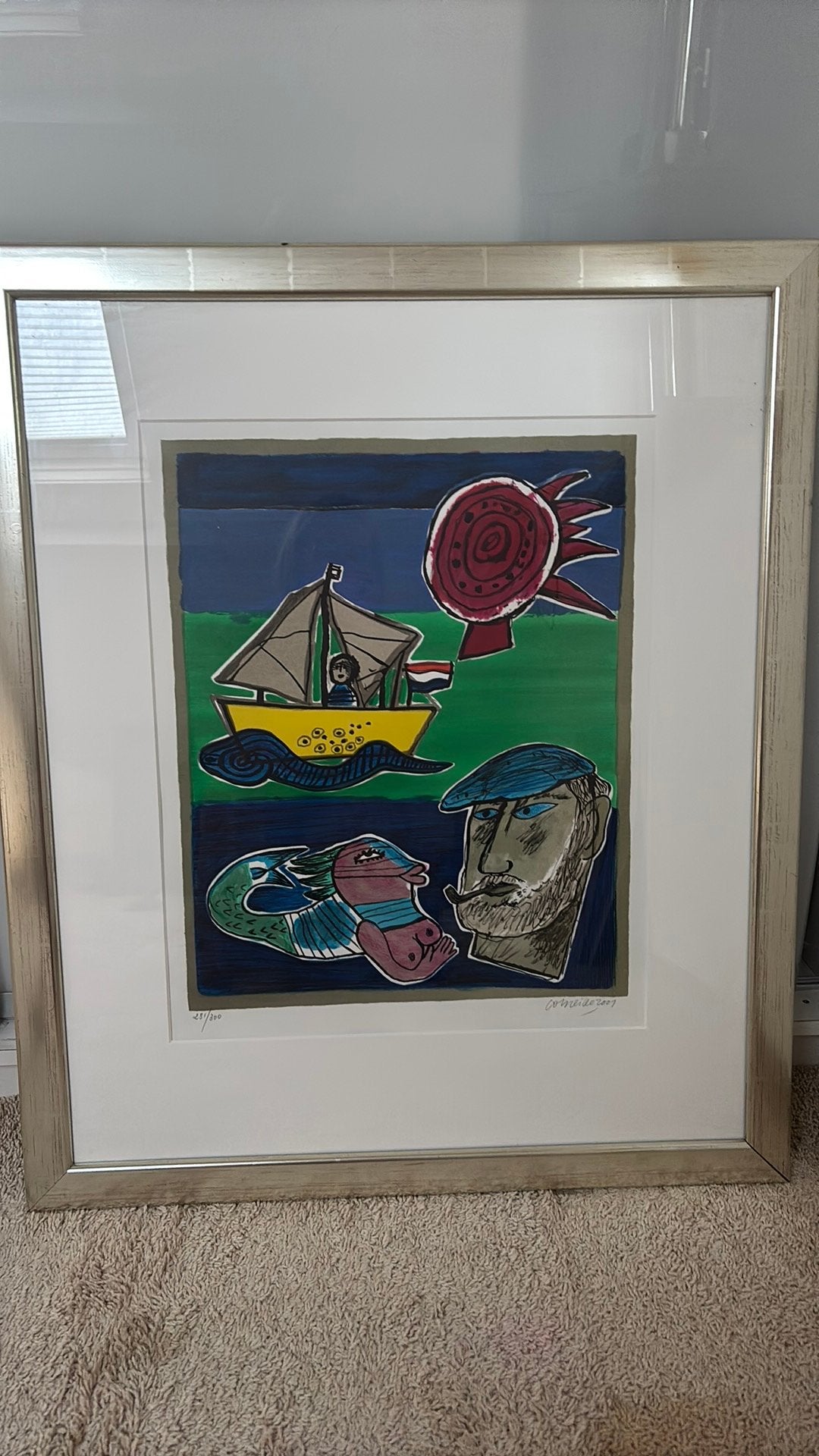 Corneille (2001) -Zeeman met schip en zon, gesigneerd, Ophalen, Maritiem / water, Expressionistisch, Gesigneerd