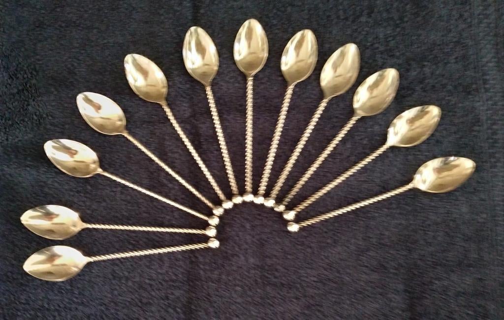 Vintage 12 verzilverde lepeltjes AH, Ophalen of Verzenden, Zilver