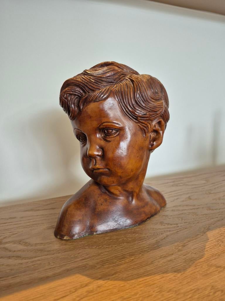 Antieke zware buste van een jongetje, Antiek en Kunst, Minder dan 20 cm, Buste, Ophalen of Verzenden, Handgemaakt