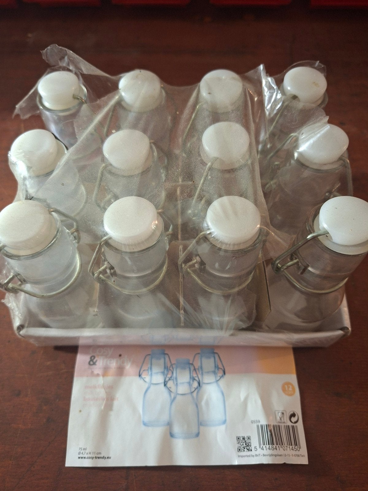 12 Cosy & Trendy mini glazen melkflesjes met beugelsluiting, Glas, Nieuw, Ophalen of Verzenden, Voorraadpot