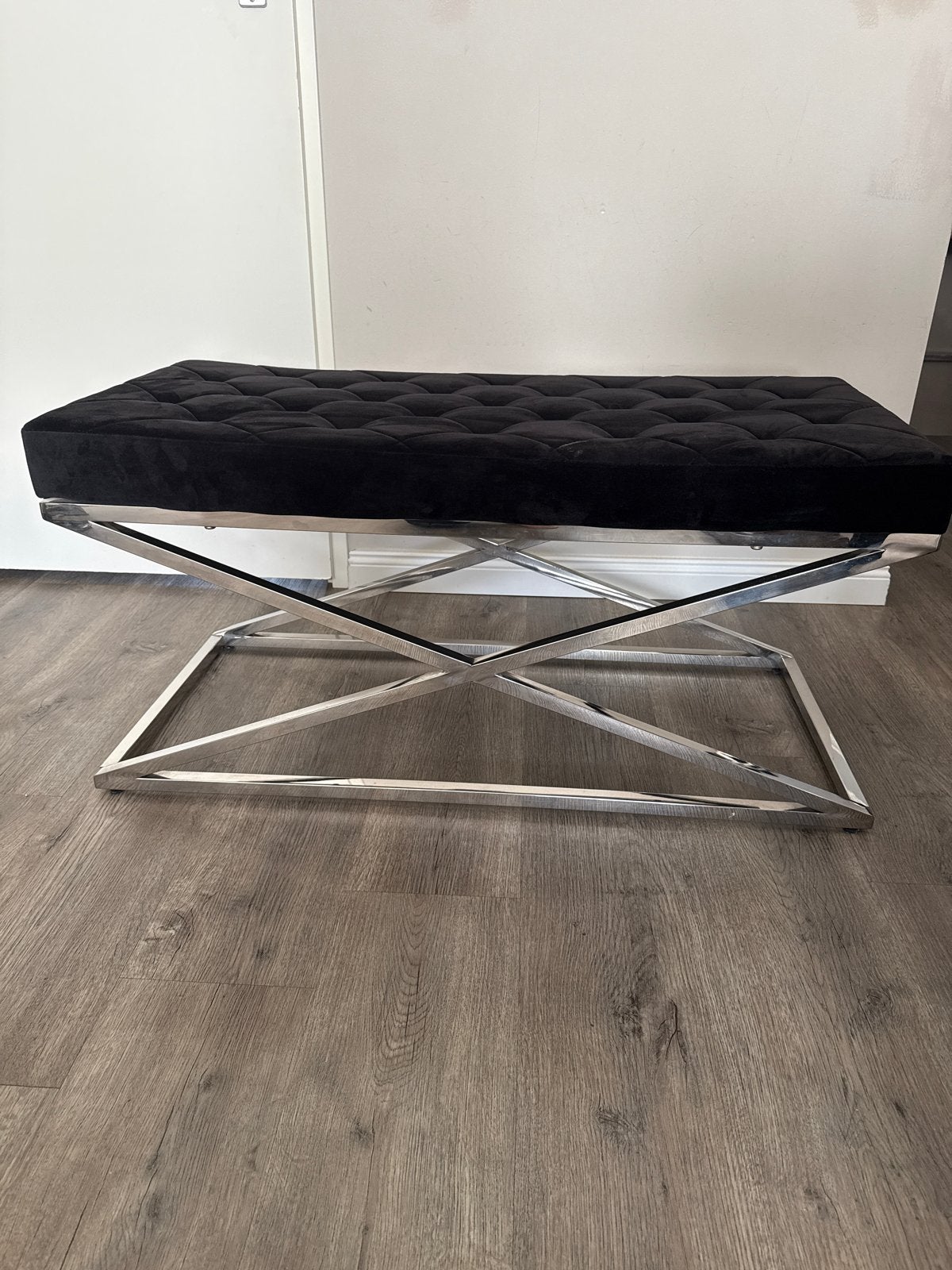 Zwarte Fluweel Bankje/ottoman Eichholtz style met Chrom voet, Ophalen, Zwart, Zo goed als nieuw, Metaal
