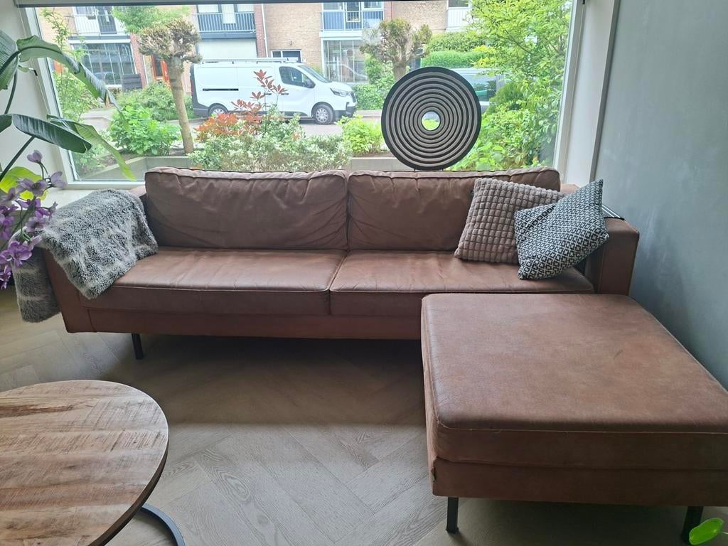 Ecoleren bank met hocker cognac, Ophalen of Verzenden, Gebruikt, Leer