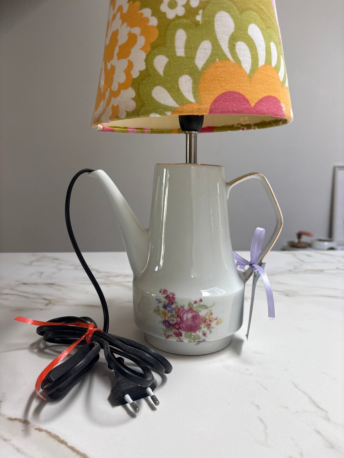 Unieke Theepot Lamp met Bloemenprint en Retro Kap, Ophalen of Verzenden