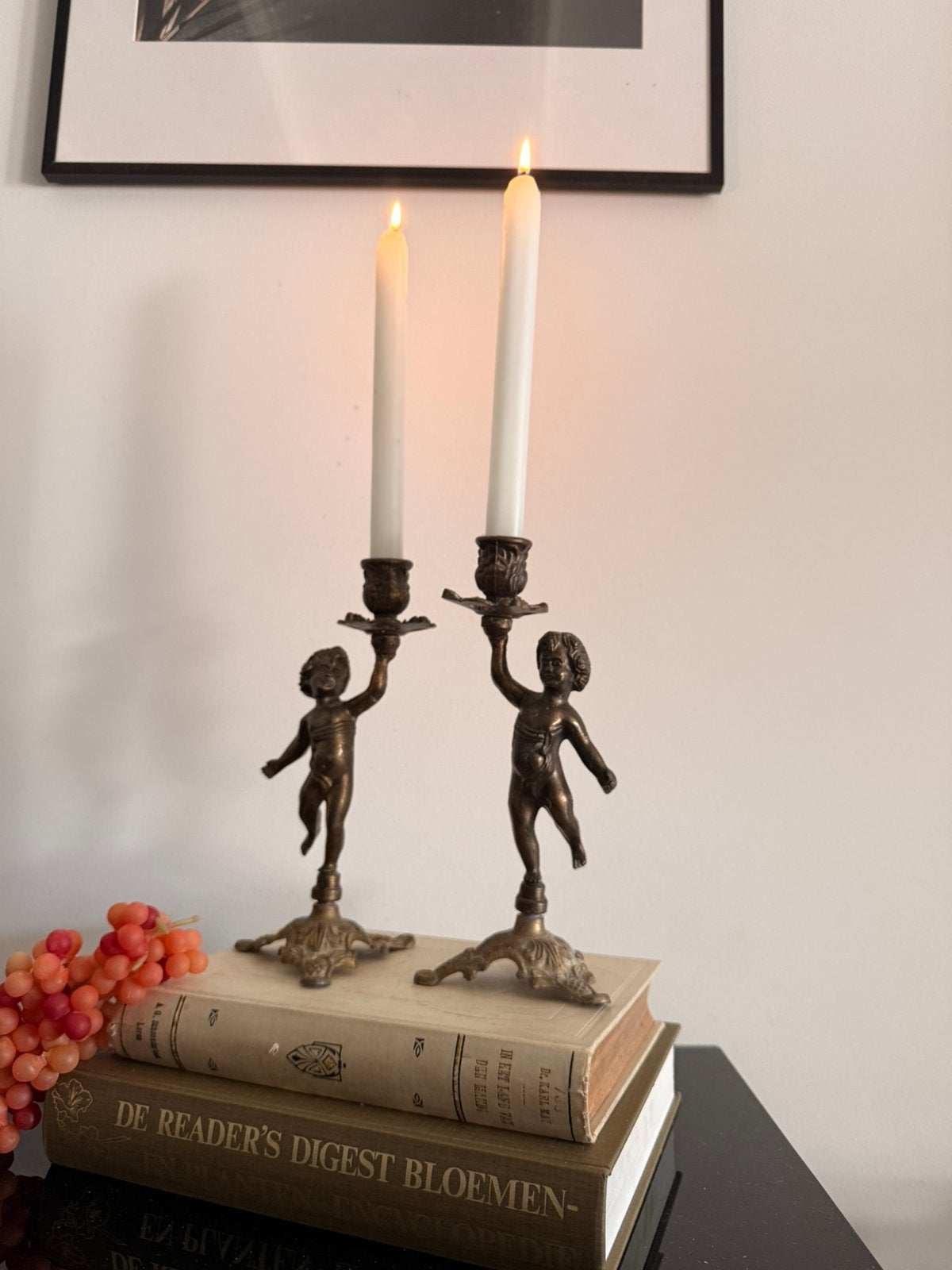 Set van 2 vintage messing engelen kandelaars – putti – 32 cm, Ophalen of Verzenden, Koper of Brons
