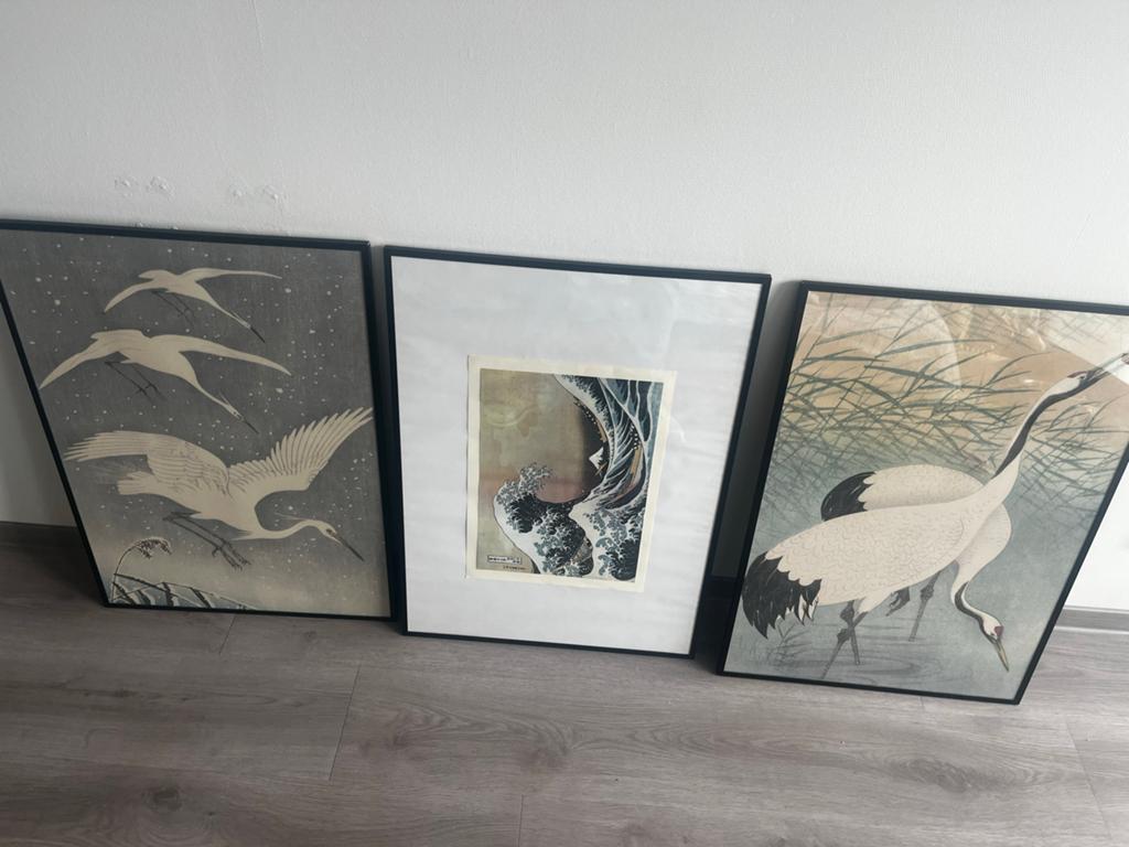 Set van 3 Japanse kraanvogel prenten, ingelijst, Antiek en Kunst, Ingelijst, Overige technieken, Ophalen of Verzenden, Flora en Fauna